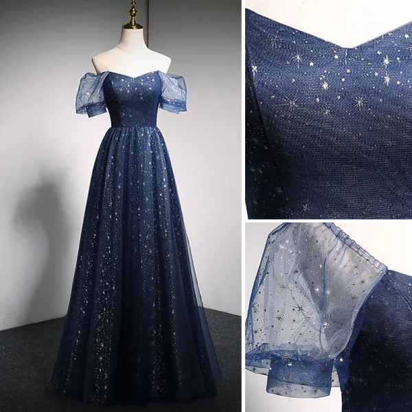 Charmant Bleu Marine Étoile Paillettes Robe De Bal 2021 Princesse V-Cou Manches Courtes Dos Nu Longue Robe De Ceremonie