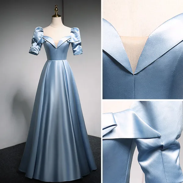 Fashion Sky Blue Satin Prom Dresses 2021 A-Line / Princess Square Neckline Short Sleeve Backless Sequins Bow Floor-Length / Long Formal Dresses