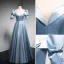 Fashion Sky Blue Satin Prom Dresses 2021 A-Line / Princess Square Neckline Short Sleeve Backless Sequins Bow Floor-Length / Long Formal Dresses