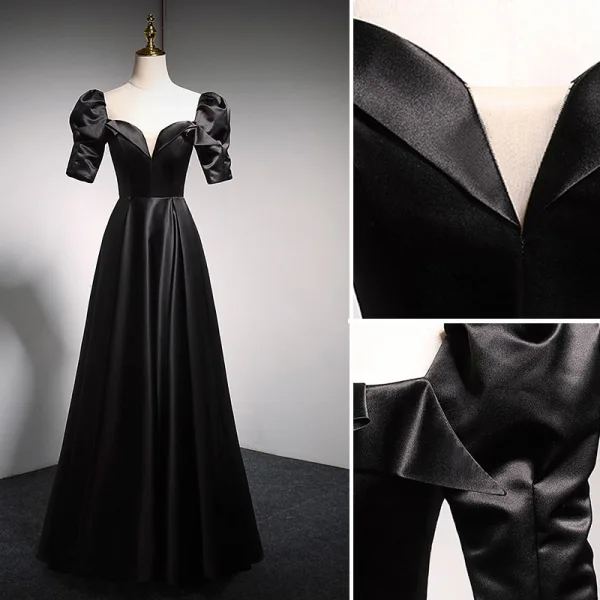 Chic Noire Satin Robe De Bal 2021 Princesse Encolure Carrée Gonflée Manches Courtes Dos Nu Paillettes Noeud Longue Robe De Ceremonie