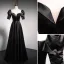 Chic Noire Satin Robe De Bal 2021 Princesse Encolure Carrée Gonflée Manches Courtes Dos Nu Paillettes Noeud Longue Robe De Ceremonie