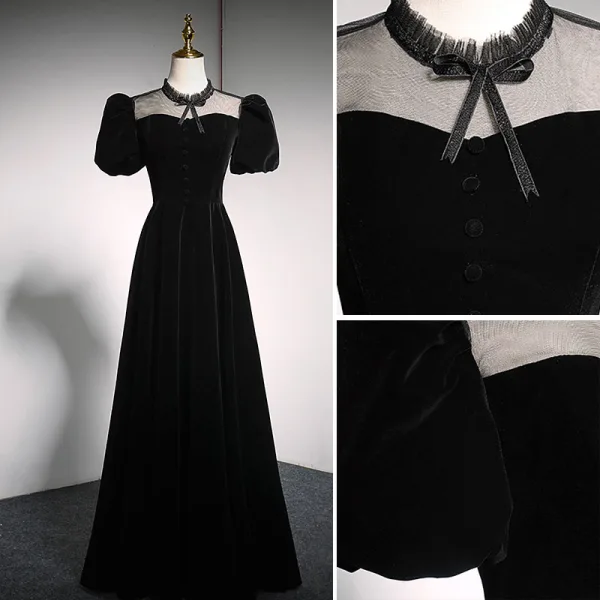 Elegant Black Suede Prom Dresses 2021 A-Line / Princess High Neck Bow Puffy Short Sleeve Backless Floor-Length / Long Formal Dresses