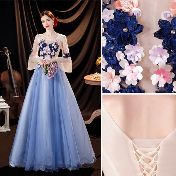 Flower Fairy Sky Blue Pearl Lace Flower Appliques Prom Dresses 2021 A-Line / Princess U-Neck Bell sleeves Backless Floor-Length / Long Formal Dresses
