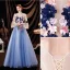 Flower Fairy Sky Blue Pearl Lace Flower Appliques Prom Dresses 2021 A-Line / Princess U-Neck Bell sleeves Backless Floor-Length / Long Formal Dresses