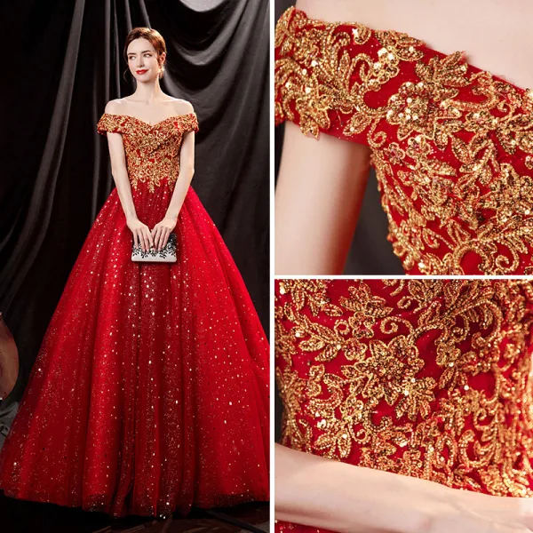 Scintillantes Rouge Glitter Perlage Paillettes Robe De Bal 2021 Princesse De l'épaule Sans Manches Dos Nu Longue Robe De Ceremonie