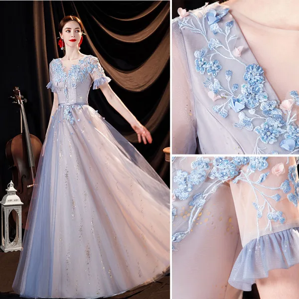 Charmant Bleu Ciel Appliques Robe De Bal 2021 Princesse Encolure Dégagée Perlage Paillettes En Dentelle Fleur Manches de cloche Dos Nu Longue Robe De Ceremonie