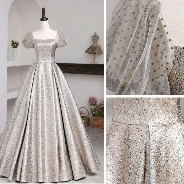 Scintillantes Argenté Glitter Paillettes Satin Robe De Bal 2021 Princesse Encolure Carrée Tachetée Manches Courtes Dos Nu Longue Robe De Ceremonie