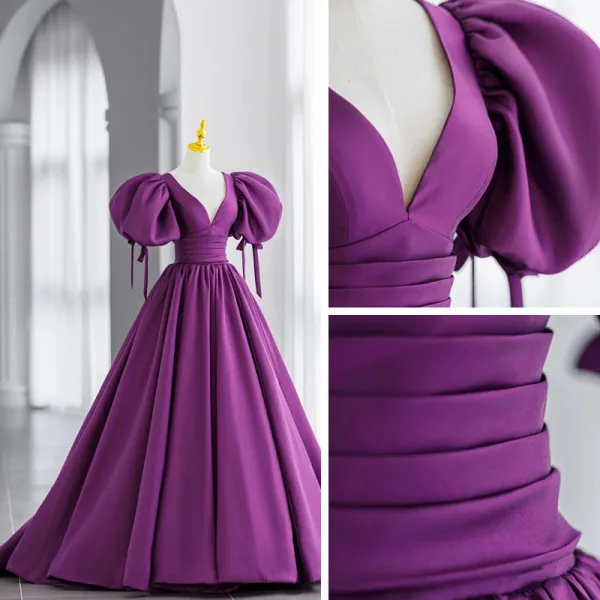 Vintage / Retro Grape Satin Prom Dresses 2021 A-Line / Princess V-Neck Puffy Short Sleeve Backless Bow Sweep Train Formal Dresses
