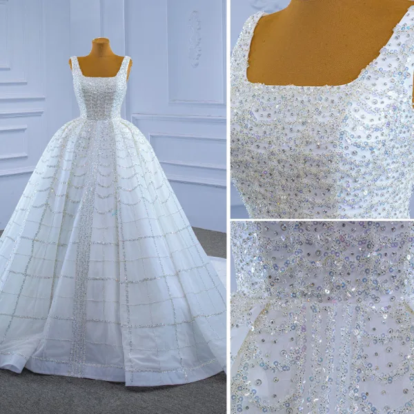 High End Weiß Glanz Perlenstickerei Pailletten Brautkleider / Hochzeitskleider 2021 Ballkleid Eckiger Ausschnitt Ärmellos Rückenfreies Kathedrale Schleppe Hochzeit