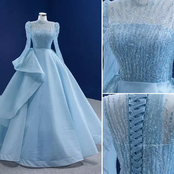 High-end Pool Blue Beading Sequins Prom Dresses 2021 A-Line / Princess High Neck Long Sleeve Sweep Train Formal Dresses
