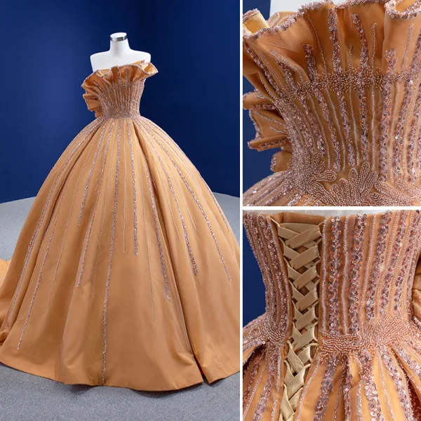 Haut de Gamme Champagne Perlage Paillettes Robe De Mariée 2021 Robe Boule Volants Bustier Sans Manches Dos Nu Tribunal Train Mariage