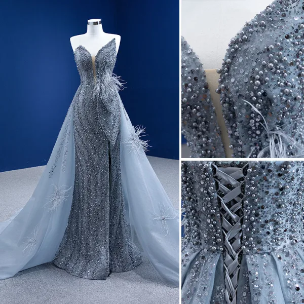 Sexy Gris Robe De Soirée 2021 Trompette / Sirène Bustier Perlage Perle Paillettes Gland Sans Manches Dos Nu Fendue devant Tribunal Train Soirée Robe De Ceremonie