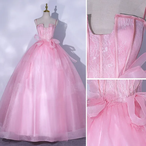 Schöne Pink Ballkleider 2021 Ballkleid Spaghettiträger Ärmellos Rückenfreies Schleife Lange Ball Festliche Kleider