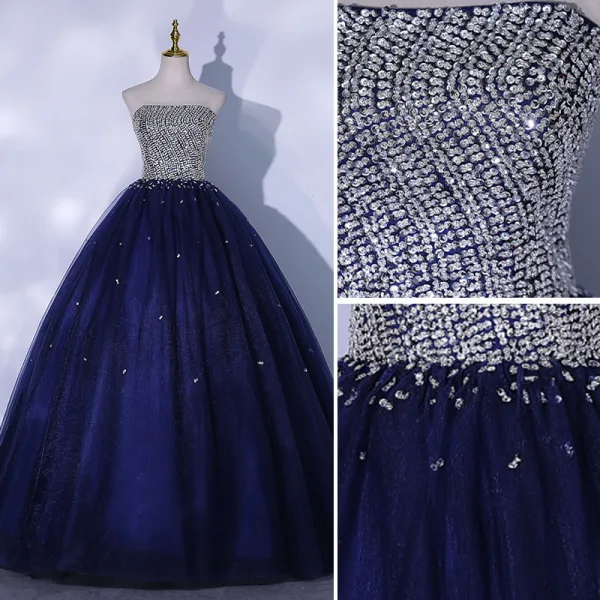 Chic / Belle Bleu Marine Robe De Bal 2021 Robe Boule Bustier Perlage Paillettes Sans Manches Dos Nu Longue Robe De Ceremonie