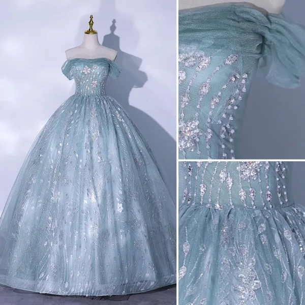 Chic / Beautiful Sage Green Glitter Prom Dresses 2021 Ball Gown Off-The-Shoulder Beading Sequins Short Sleeve Backless Floor-Length / Long Formal Dresses