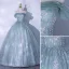 Chic / Beautiful Sage Green Glitter Prom Dresses 2021 Ball Gown Off-The-Shoulder Beading Sequins Short Sleeve Backless Floor-Length / Long Formal Dresses