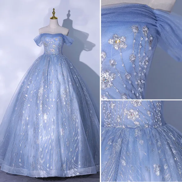 Élégant Bleu Ciel Glitter Perlage Paillettes Robe De Bal 2021 De l'épaule Manches Courtes Dos Nu Longue Robe De Ceremonie