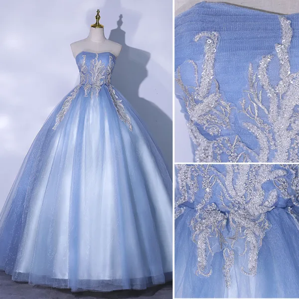 Elegant Sky Blue Prom Dresses 2021 Ball Gown Strapless Beading Sequins Lace Flower Sleeveless Backless Floor-Length / Long Formal Dresses