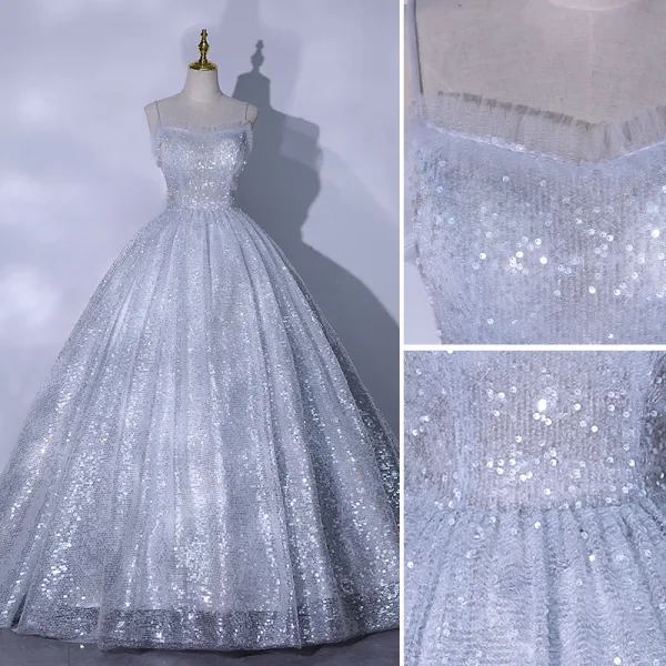 Glitzernden Charmant Pailletten Silber Ballkleider 2021 A Linie Spaghettiträger Ärmellos Rückenfreies Lange Festliche Kleider