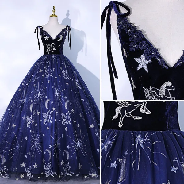 Chic / Beautiful Navy Blue Suede Prom Dresses 2021 Ball Gown Spaghetti Straps Lace Flower Sleeveless Backless Floor-Length / Long Formal Dresses
