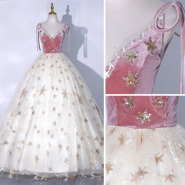 Charmant Rougissant Rose Robe De Bal 2021 Robe Boule V-Cou En Dentelle Paillettes Étoile Sans Manches Dos Nu Longue Robe De Ceremonie