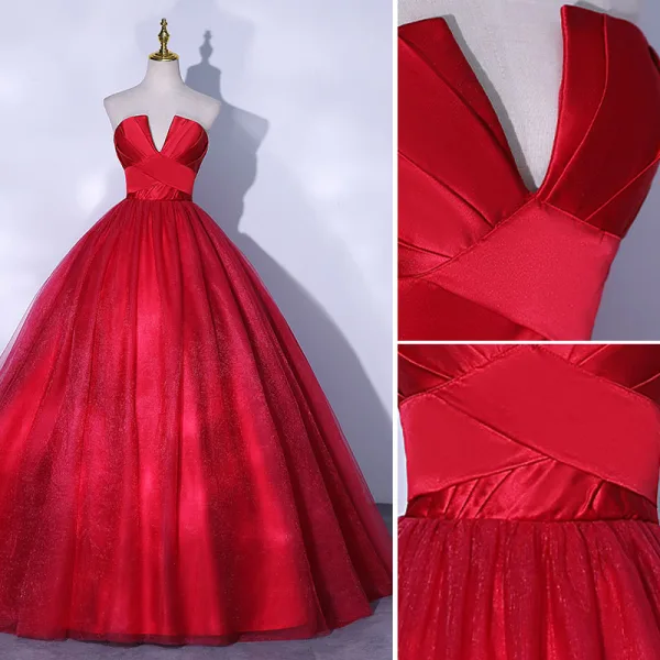 Chic / Beautiful Red Prom Dresses Ball Gown 2021 Strapless Sleeveless Backless Floor-Length / Long Prom Formal Dresses