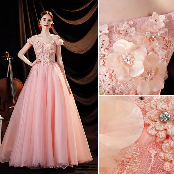 Charmant Rose Bonbon Faux Diamant En Dentelle Fleur Appliques Robe De Bal 2021 Princesse De l'épaule Sans Manches Dos Nu Longue Robe De Ceremonie