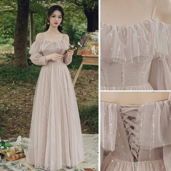 Modest / Simple Dusky Pink Sequins Bridesmaid Dresses 2021 A-Line / Princess Short Sleeve Backless Floor-Length / Long Wedding Party Dresses
