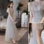 Chic / Beautiful Grey Pearl Lace Flower Bridesmaid Dresses 2021 A-Line / Princess Short Sleeve Backless Floor-Length / Long Bridesmaid Wedding Party Dresses