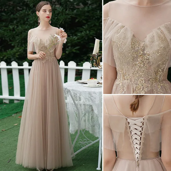 Charming Khaki Beading Sequins Backless Lace Flower Bridesmaid Dresses 2021 A-Line / Princess Short Sleeve Floor-Length / Long Bridesmaid Wedding Party Dresses