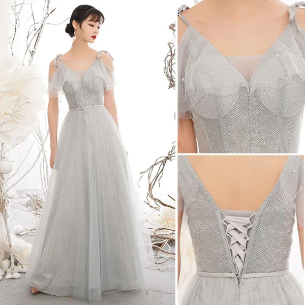 Chic / Beautiful Silver Grey Sequins Bridesmaid Dresses 2021 A-Line / Princess Short Sleeve Backless Sash Floor-Length / Long Wedding Party Dresses