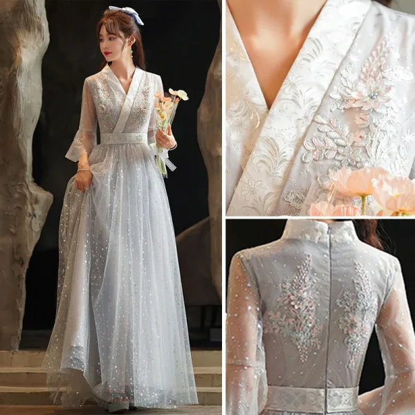 Fashion Sky Blue Lace Flower Bridesmaid Dresses 2021 A-Line / Princess V-Neck Pearl Sequins Bell sleeves Floor-Length / Long Wedding Party Dresses