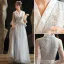 Fashion Sky Blue Lace Flower Bridesmaid Dresses 2021 A-Line / Princess V-Neck Pearl Sequins Bell sleeves Floor-Length / Long Wedding Party Dresses