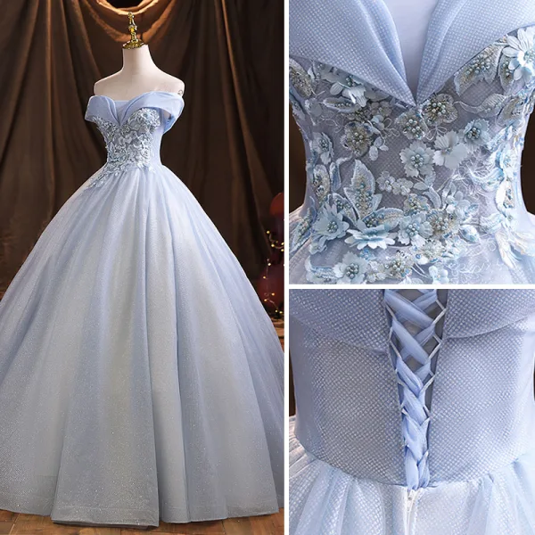 Élégant Bleu Ciel Robe De Bal 2021 Robe Boule De l'épaule Paillettes En Dentelle Fleur Appliques Sans Manches Dos Nu Longue Robe De Ceremonie