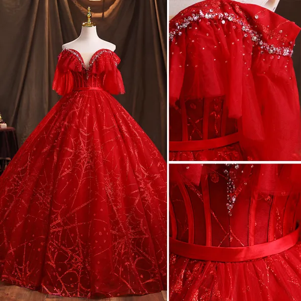 Charmant Bordeaux Paillettes Robe De Bal 2021 Robe Boule Bustier Manches Courtes Dos Nu Perlage Ceinture Longue Promo Robe De Ceremonie