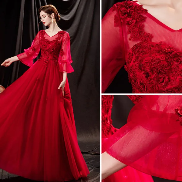 Chic / Belle Rouge En Dentelle Fleur Robe De Bal 2021 Princesse V-Cou Manches de cloche Dos Nu Longue Robe De Ceremonie