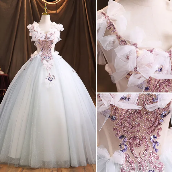 Mode Bleu Ciel Robe De Bal 2021 Robe Boule V-Cou Perlage Perle Faux Diamant Noeud Sans Manches Dos Nu Longue Robe De Ceremonie