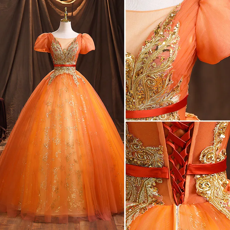 open lace back dress Sparkly Mermaid One Shoulder Orange Sequins Long Prom Dresses with Lace  AB092406 – Anniebride main image 0