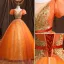 Elegant Orange Beading Pearl Sequins Prom Dresses 2021 Ball Gown Square Neckline Puffy Short Sleeve Backless Sash Floor-Length / Long Formal Dresses