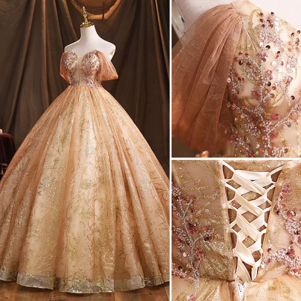 Charming Champagne Beading Pearl Sequins Prom Dresses 2021 Ball Gown Strapless Sleeveless Backless Floor-Length / Long Formal Dresses