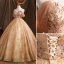 Charming Champagne Beading Pearl Sequins Prom Dresses 2021 Ball Gown Strapless Sleeveless Backless Floor-Length / Long Formal Dresses