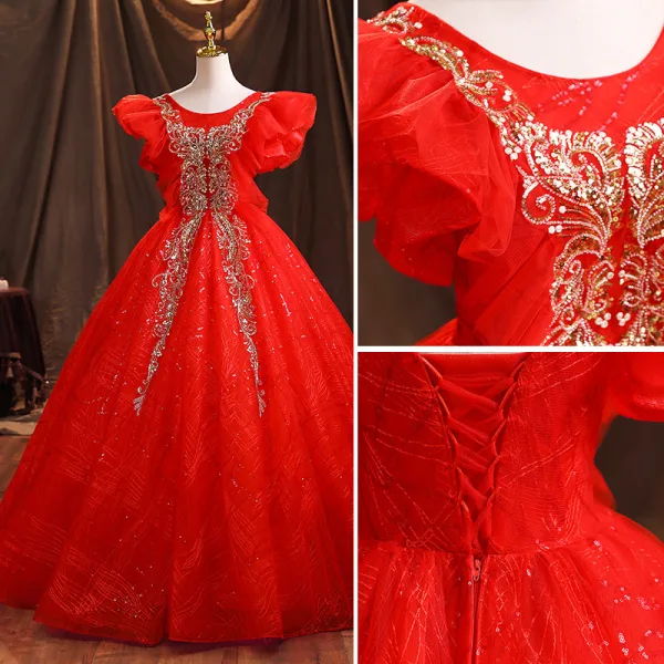 Elegant Red Prom Dresses Floor-Length / Long 2021 Ball Gown Scoop Neck Beading Sequins Puffy Short Sleeve Backless Prom Formal Dresses