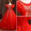 Elegant Red Prom Dresses Floor-Length / Long 2021 Ball Gown Scoop Neck Beading Sequins Puffy Short Sleeve Backless Prom Formal Dresses