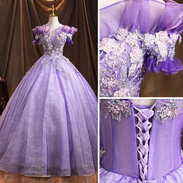 Elegant Lavender Prom Dresses 2021 Ball Gown Ruffle Off-The-Shoulder Beading Rhinestone Lace Flower Short Sleeve Backless Floor-Length / Long Formal Dresses