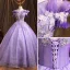 Elegant Lavender Prom Dresses 2021 Ball Gown Ruffle Off-The-Shoulder Beading Rhinestone Lace Flower Short Sleeve Backless Floor-Length / Long Formal Dresses