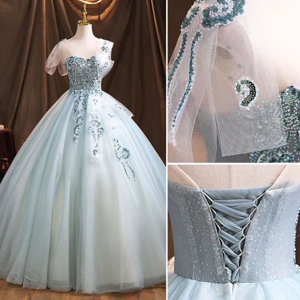 Elegant Mint Green Formal Dresses 2021 Ball Gown Scoop Neck Beading Rhinestone Sequins Sleeveless Backless Floor-Length / Long Prom Dresses