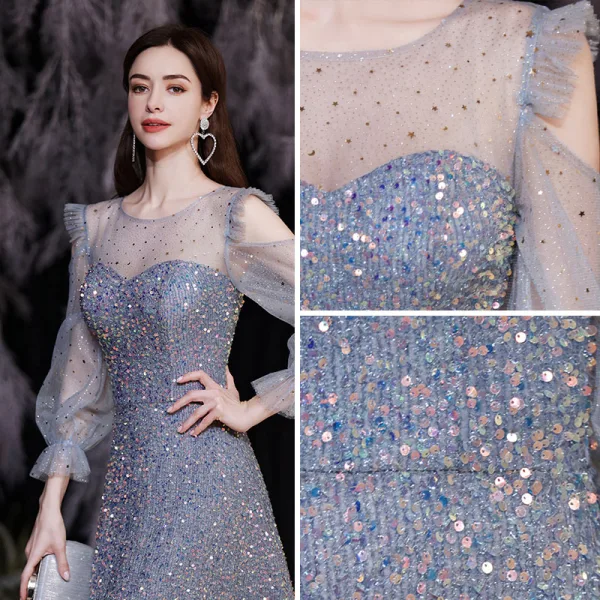 Sparkly Sky Blue Beading Sequins Evening Dresses 2021 A-Line / Princess Scoop Neck 3/4 Sleeve Evening Party Floor-Length / Long Formal Dresses