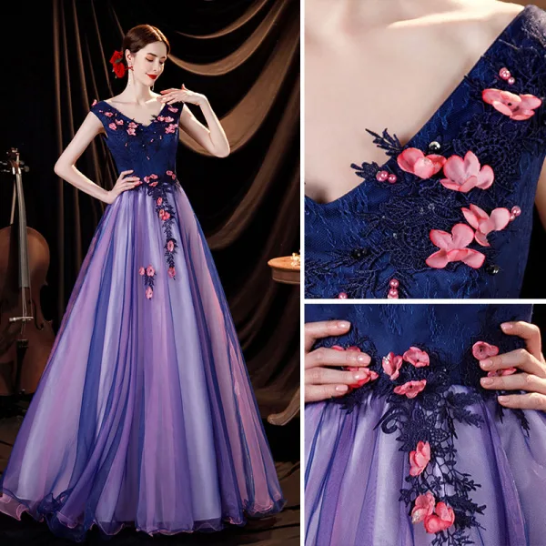 Fée Des Fleurs Bleu Marine Robe De Bal 2021 Princesse V-Cou Appliques En Dentelle Fleur Sans Manches Dos Nu Longue Robe De Ceremonie