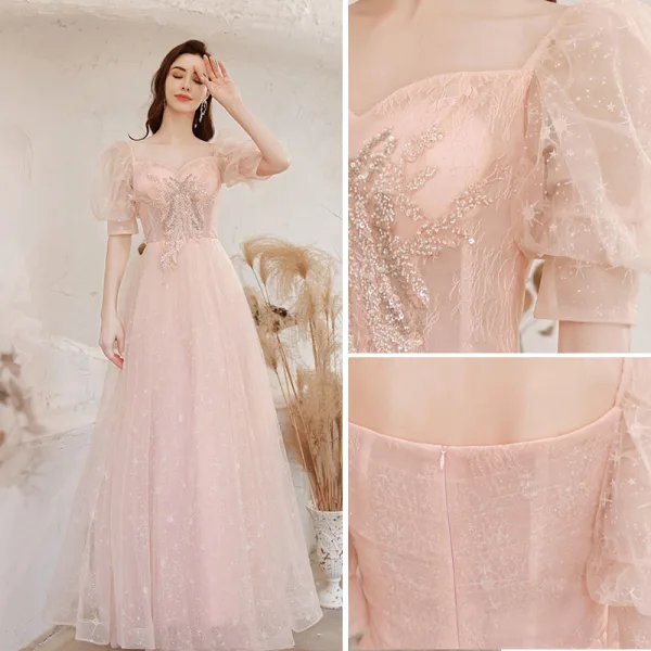 Charming Beading Sequins Pearl Pink Prom Dresses 2021 A-Line / Princess Square Neckline Lace Short Sleeve Floor-Length / Long Formal Dresses