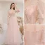 Charming Beading Sequins Pearl Pink Prom Dresses 2021 A-Line / Princess Square Neckline Lace Short Sleeve Floor-Length / Long Formal Dresses